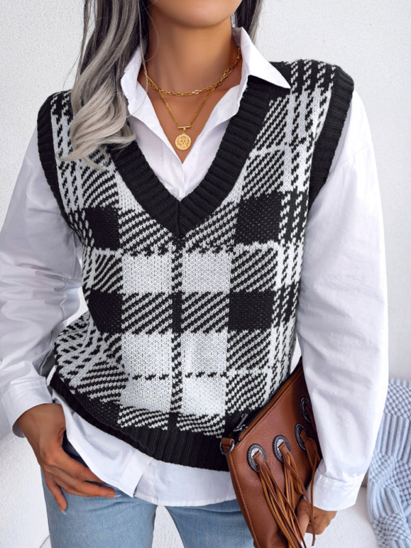 Blue Zone Planet | casual contrast color Plaid knitted vest Sweater Vest BLUE ZONE PLANET