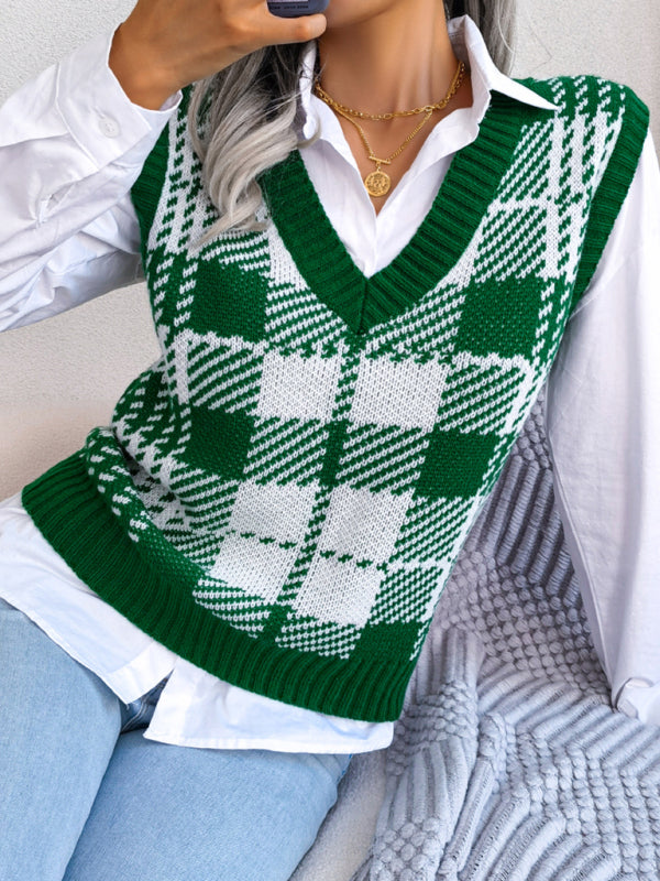 Blue Zone Planet | casual contrast color Plaid knitted vest Sweater Vest BLUE ZONE PLANET