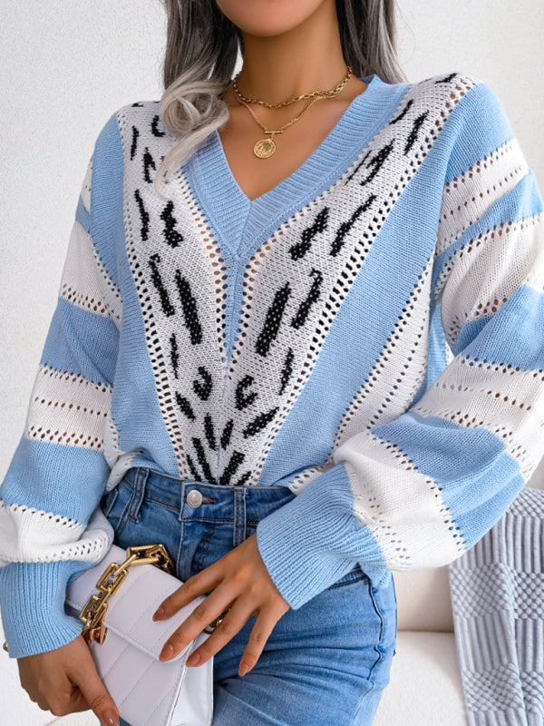 Women's contrast leopard print Lantern Sleeve knitted sweater-[Adult]-[Female]-Blue-S-2022 Online Blue Zone Planet