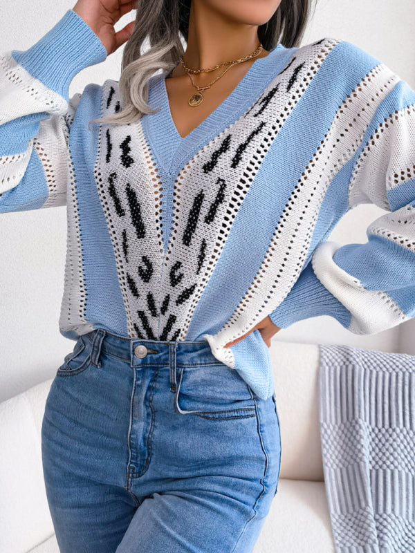 Women's contrast leopard print Lantern Sleeve knitted sweater-[Adult]-[Female]-2022 Online Blue Zone Planet