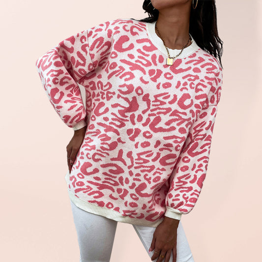 Women's Contrast Leopard Print Pullover Loose Sweater-[Adult]-[Female]-Pink-S-2022 Online Blue Zone Planet