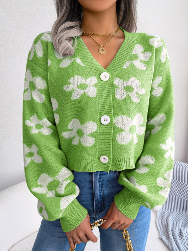 Blue Zone Planet | contrast color flower lantern sleeve cardigan sweater coat-TOPS / DRESSES-[Adult]-[Female]-Green-S-2022 Online Blue Zone Planet