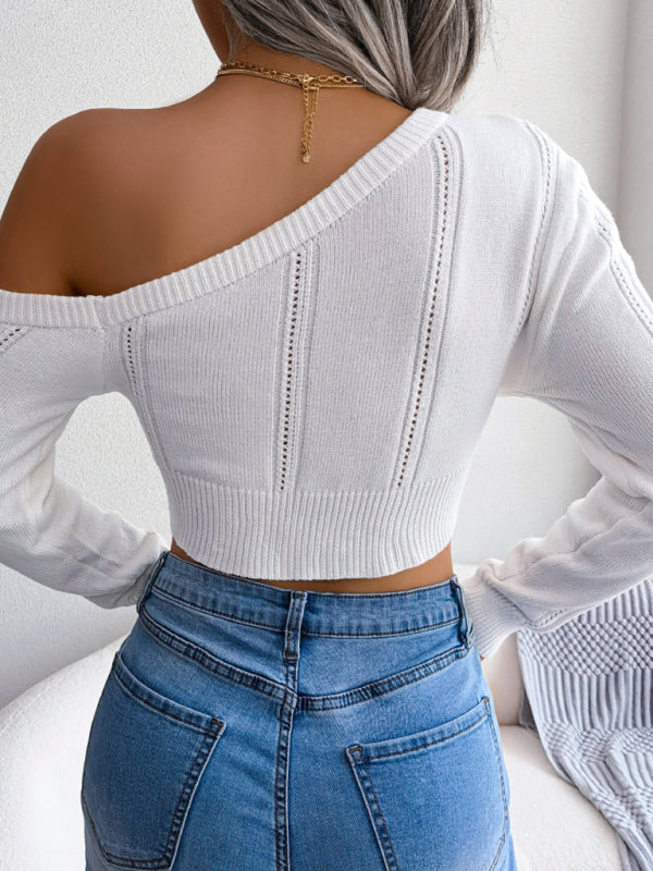 Women's casual hollow out off shoulder long sleeve off navel sweater-[Adult]-[Female]-2022 Online Blue Zone Planet