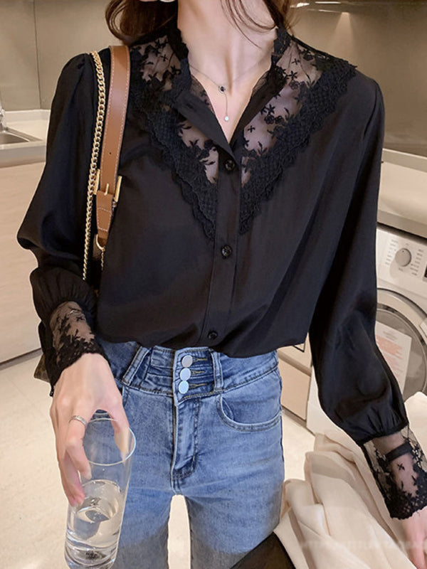 Blue Zone Planet |  Lace Chiffon Panel Long Sleeve Top BLUE ZONE PLANET