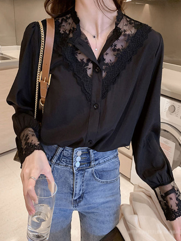 Blue Zone Planet |  Lace Chiffon Panel Long Sleeve Top BLUE ZONE PLANET