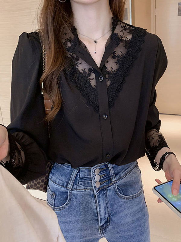 Blue Zone Planet |  Lace Chiffon Panel Long Sleeve Top BLUE ZONE PLANET