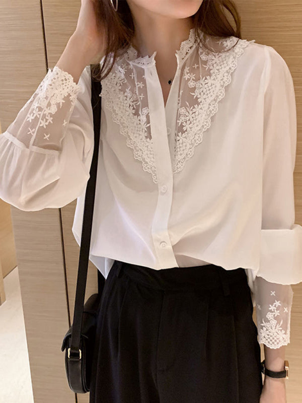 Blue Zone Planet |  Lace Chiffon Panel Long Sleeve Top BLUE ZONE PLANET
