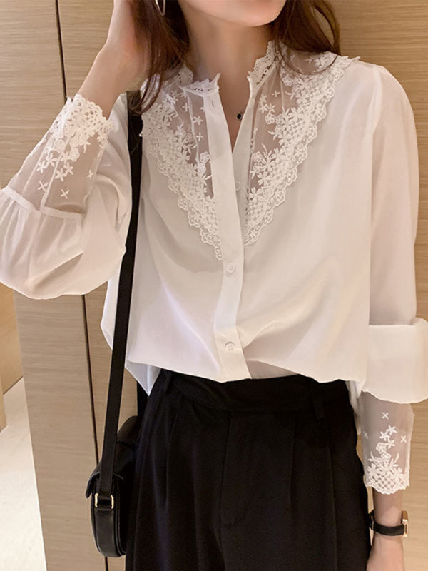 Blue Zone Planet |  Lace Chiffon Panel Long Sleeve Top BLUE ZONE PLANET