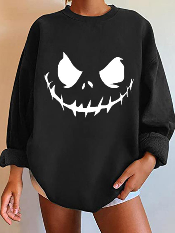 Casual Skull Print Drop Shoulder Knit Hoodie-[Adult]-[Female]-Black-M-2022 Online Blue Zone Planet