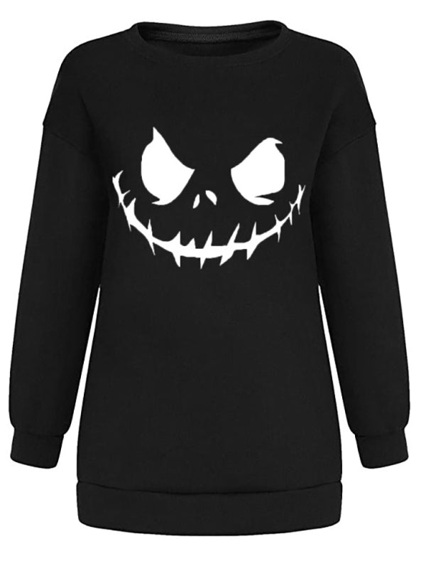 Casual Skull Print Drop Shoulder Knit Hoodie-[Adult]-[Female]-Black-M-2022 Online Blue Zone Planet