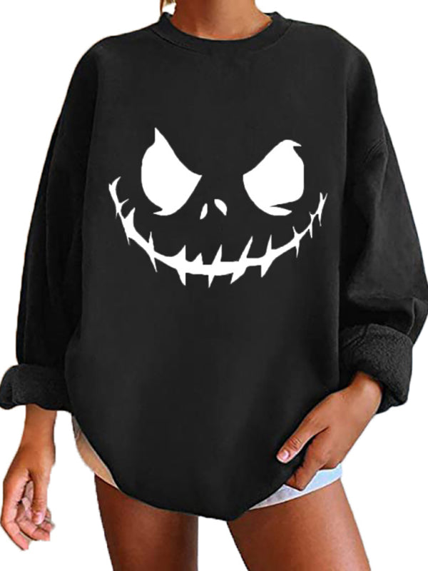 Casual Skull Print Drop Shoulder Knit Hoodie-[Adult]-[Female]-Black-M-2022 Online Blue Zone Planet