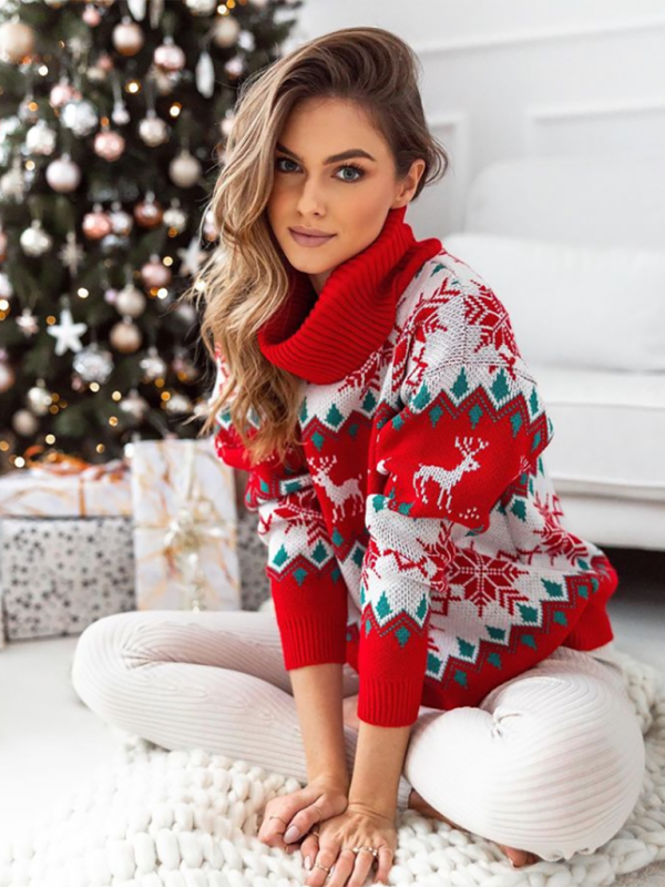 Women's Christmas Jacquard Turtleneck Long Sleeve Sweater-[Adult]-[Female]-Red-S-2022 Online Blue Zone Planet