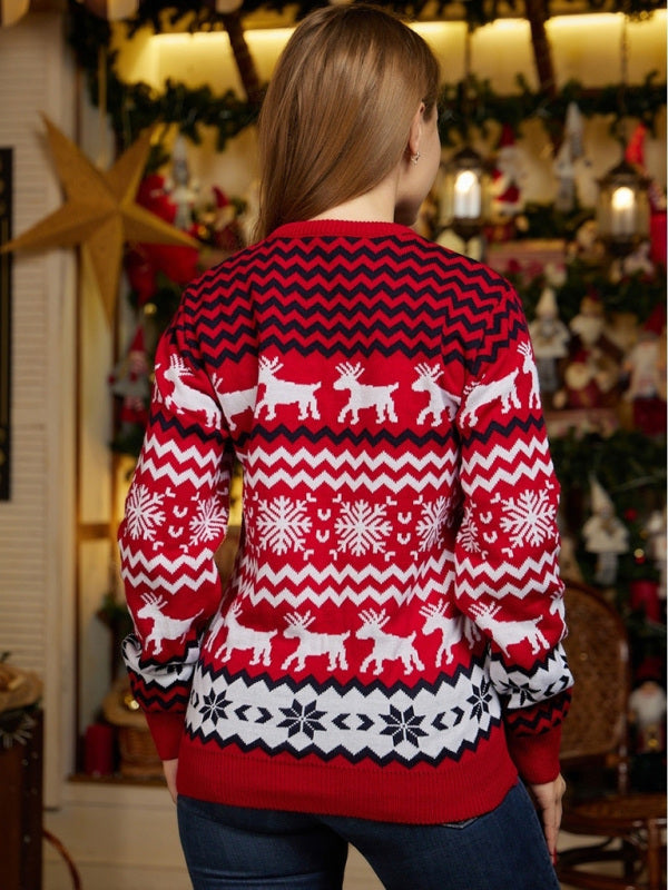 Women's Christmas Crew Neck Elk Jacquard Long Sleeve Sweater-[Adult]-[Female]-2022 Online Blue Zone Planet