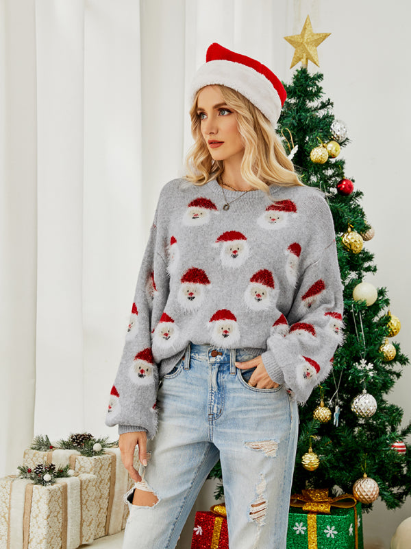 Women Christmas Santa Knit Pullover Sweater-[Adult]-[Female]-Grey-S-2022 Online Blue Zone Planet