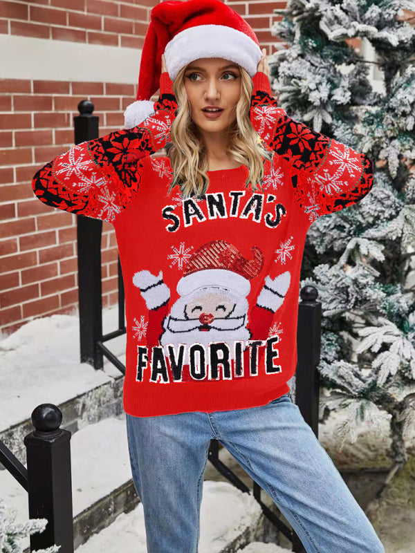 Women's Festive Santa Knit Sweater-[Adult]-[Female]-Red-S-2022 Online Blue Zone Planet