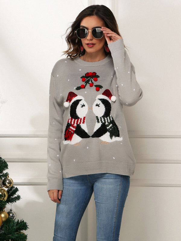 Penguin Pattern Knit Holiday Sweater-[Adult]-[Female]-2022 Online Blue Zone Planet