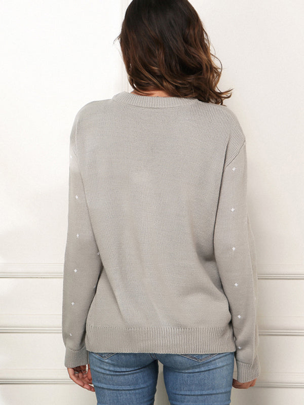 Penguin Pattern Knit Holiday Sweater-[Adult]-[Female]-Grey-S-2022 Online Blue Zone Planet