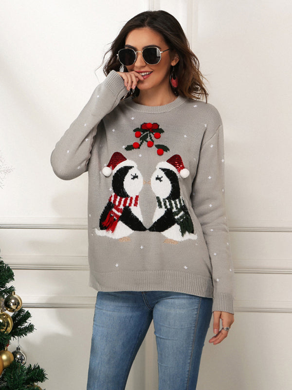 Penguin Pattern Knit Holiday Sweater-[Adult]-[Female]-2022 Online Blue Zone Planet