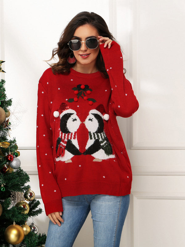 Penguin Pattern Knit Holiday Sweater-[Adult]-[Female]-Red-S-2022 Online Blue Zone Planet