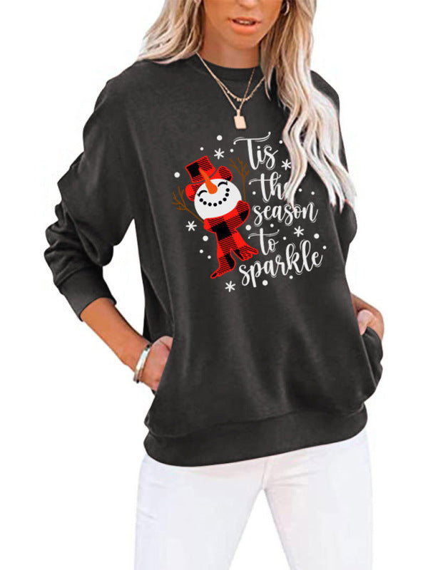 Christmas Snowman Crew Neck Pocket Bat Long Sleeve Top-[Adult]-[Female]-2022 Online Blue Zone Planet