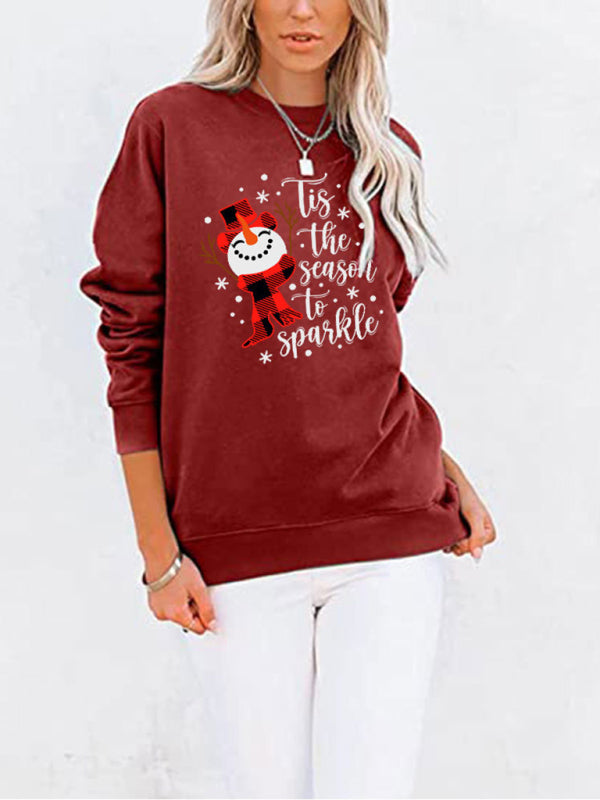 Christmas Snowman Crew Neck Pocket Bat Long Sleeve Top-[Adult]-[Female]-2022 Online Blue Zone Planet