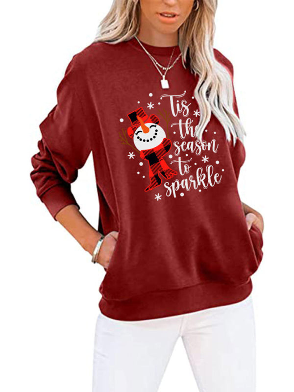 Christmas Snowman Crew Neck Pocket Bat Long Sleeve Top-[Adult]-[Female]-Pattern1-S-2022 Online Blue Zone Planet