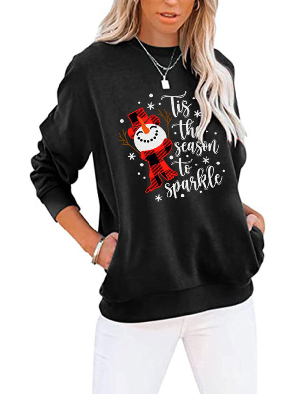 Christmas Snowman Crew Neck Pocket Bat Long Sleeve Top-[Adult]-[Female]-Pattern-S-2022 Online Blue Zone Planet