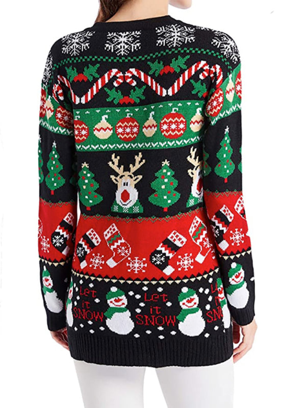 V-Neck Jacquard Christmas Drop-Sleeve Sweater-[Adult]-[Female]-2022 Online Blue Zone Planet