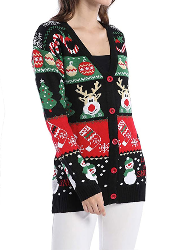 V-Neck Jacquard Christmas Drop-Sleeve Sweater-[Adult]-[Female]-2022 Online Blue Zone Planet