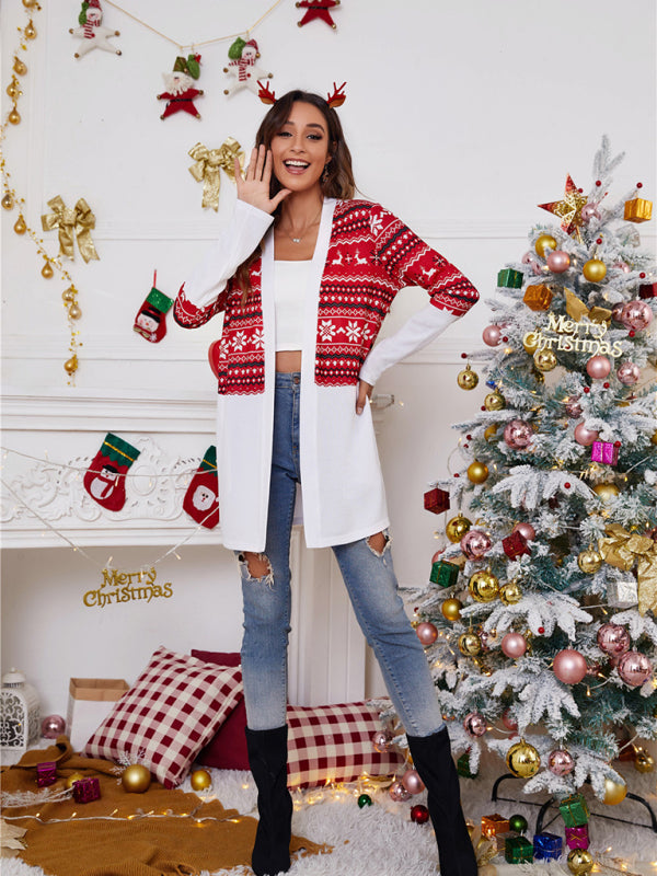 Women's loose color blocking Christmas print casual cardigan-[Adult]-[Female]-2022 Online Blue Zone Planet