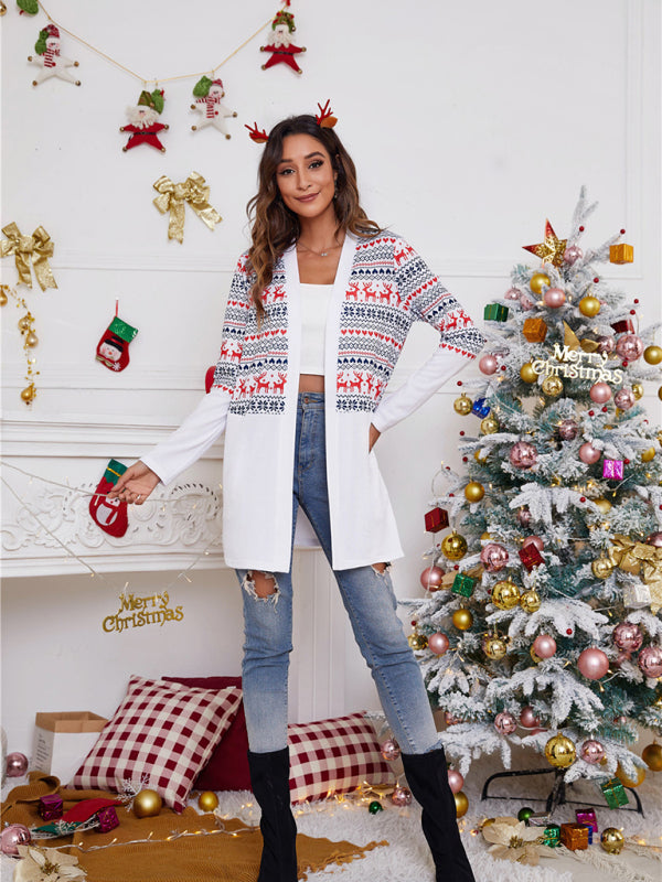 Women's loose color blocking Christmas print casual cardigan-[Adult]-[Female]-2022 Online Blue Zone Planet