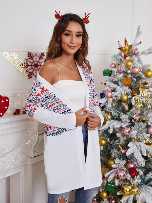 Women's loose color blocking Christmas print casual cardigan-[Adult]-[Female]-2022 Online Blue Zone Planet