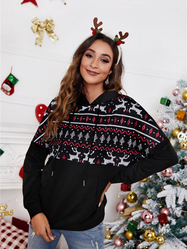 Blue Zone Planet | Festive Reindeer Pattern Knit Hoodie Sweatshirt-TOPS / DRESSES-[Adult]-[Female]-Black-S-2022 Online Blue Zone Planet