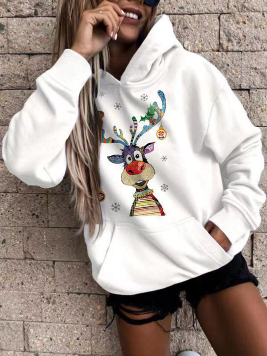 Women's Casual Christmas Print Sweatshirt-[Adult]-[Female]-White-S-2022 Online Blue Zone Planet