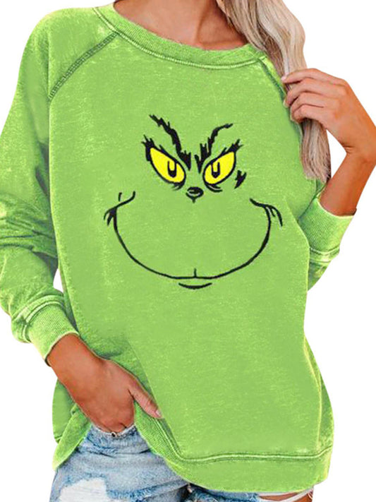 Women's Christmas Greg Grinch Print Long Sleeve Sweatshirt-[Adult]-[Female]-Green-S-2022 Online Blue Zone Planet