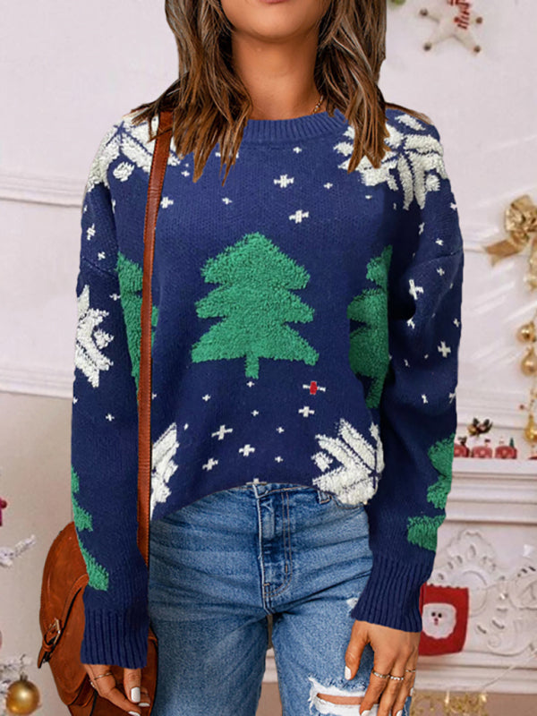 Women's pullover Christmas long sleeve sweater-[Adult]-[Female]-Champlain color-S-2022 Online Blue Zone Planet