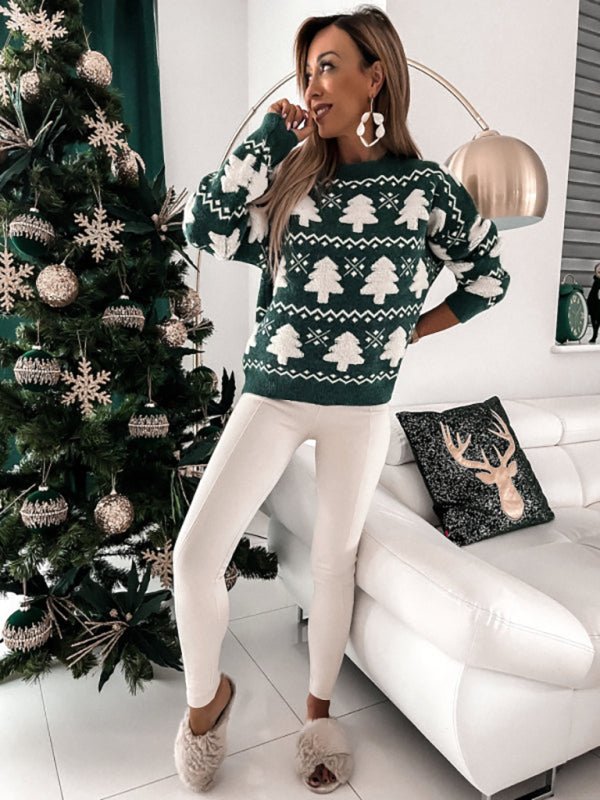 Festive Self-Design Dropped Shoulder Long Sleeve Sweater for Women-[Adult]-[Female]-Green-S-2022 Online Blue Zone Planet