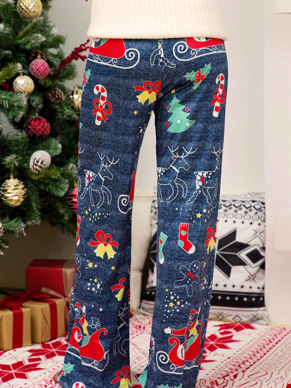 Women's Christmas Print Panel Casual Wide Leg Pants-[Adult]-[Female]-2022 Online Blue Zone Planet