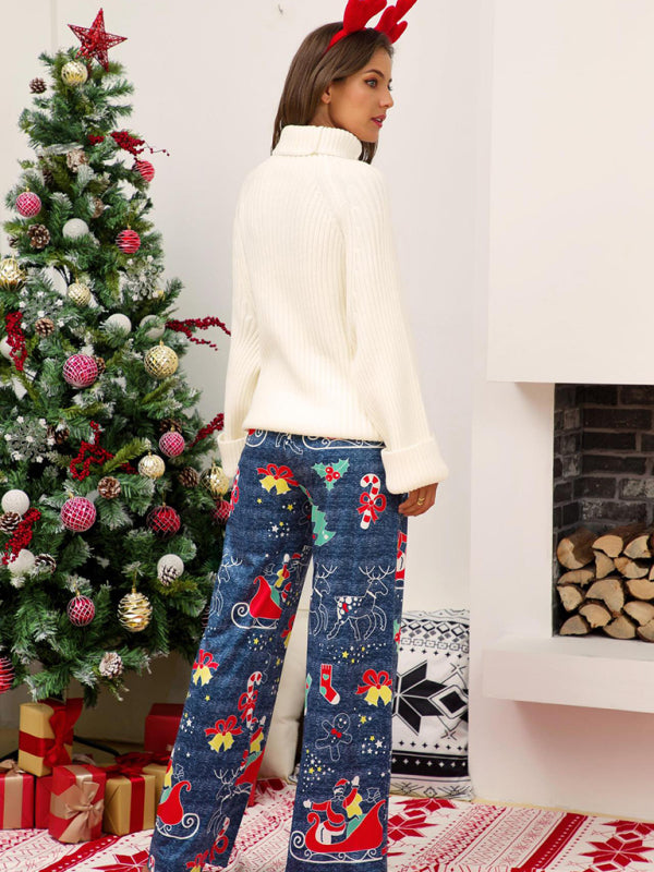 Women's Christmas Print Panel Casual Wide Leg Pants-[Adult]-[Female]-2022 Online Blue Zone Planet