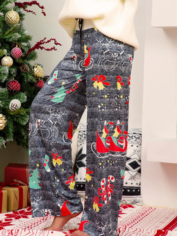 Women's Christmas Print Panel Casual Wide Leg Pants-[Adult]-[Female]-2022 Online Blue Zone Planet