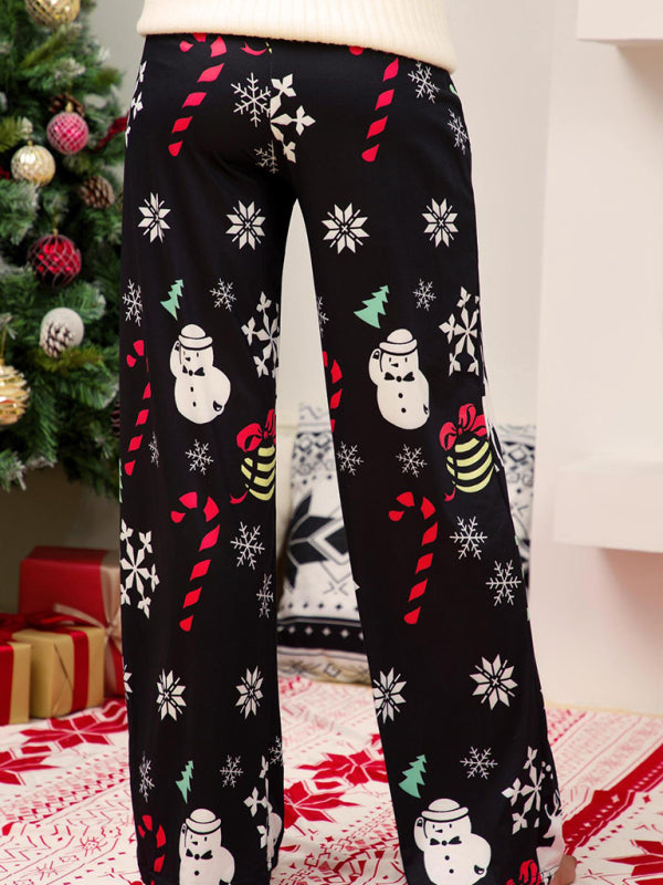 Women's Christmas Print Panel Casual Wide Leg Pants-[Adult]-[Female]-2022 Online Blue Zone Planet