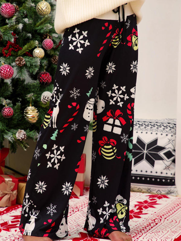 Women's Christmas Print Panel Casual Wide Leg Pants-[Adult]-[Female]-2022 Online Blue Zone Planet