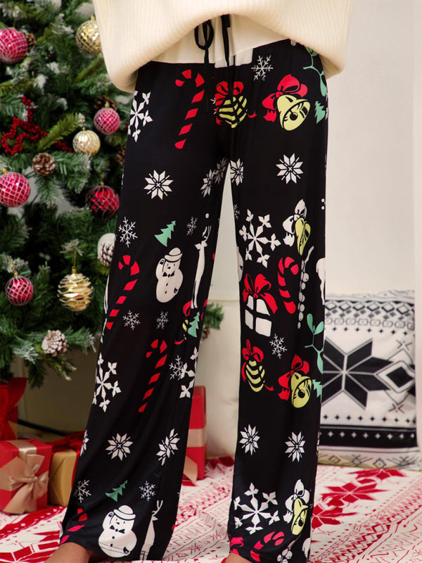 Women's Christmas Print Panel Casual Wide Leg Pants-[Adult]-[Female]-2022 Online Blue Zone Planet