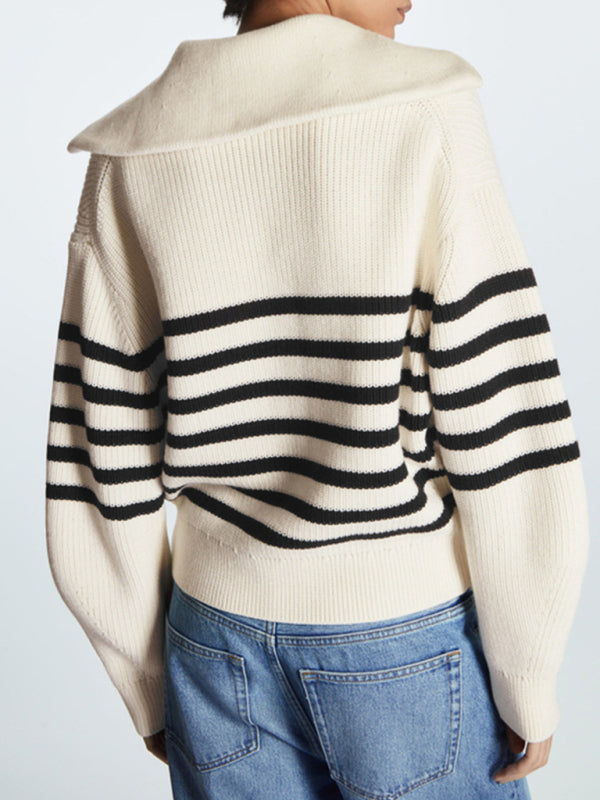 Barbara's Lapel Wool Blend Striped Sweater-TOPS / DRESSES-[Adult]-[Female]-2022 Online Blue Zone Planet