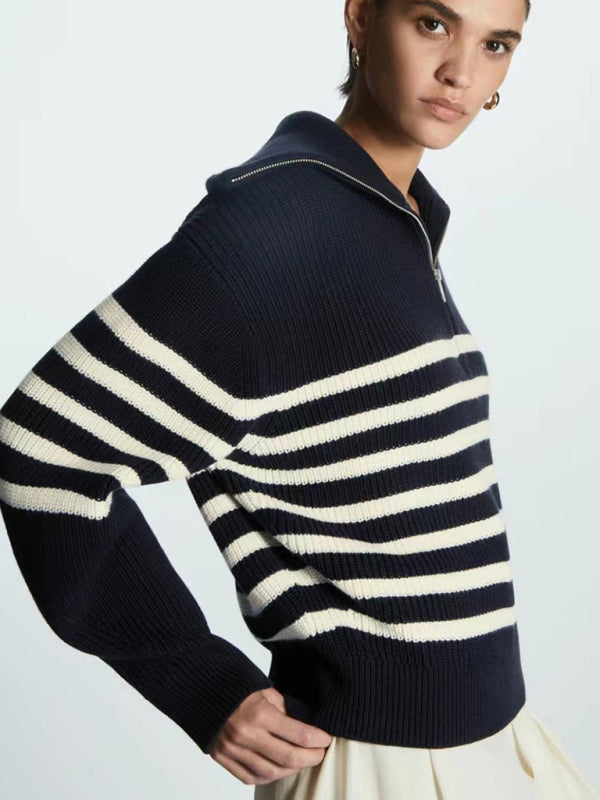 Barbara's Lapel Wool Blend Striped Sweater-TOPS / DRESSES-[Adult]-[Female]-2022 Online Blue Zone Planet