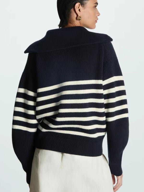 Barbara's Lapel Wool Blend Striped Sweater-TOPS / DRESSES-[Adult]-[Female]-2022 Online Blue Zone Planet