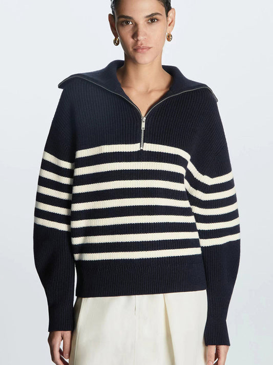 Barbara's Lapel Wool Blend Striped Sweater-TOPS / DRESSES-[Adult]-[Female]-Blue-XS-2022 Online Blue Zone Planet