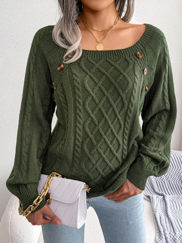 Women's Square Neck Button Twist Knit Pullover Sweater-[Adult]-[Female]-Olive green-S-2022 Online Blue Zone Planet