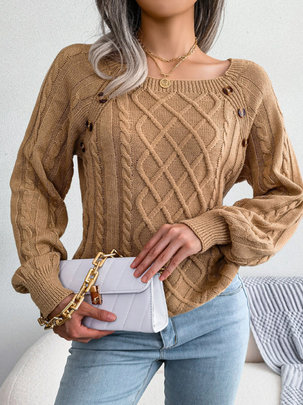 Women's Square Neck Button Twist Knit Pullover Sweater-[Adult]-[Female]-2022 Online Blue Zone Planet