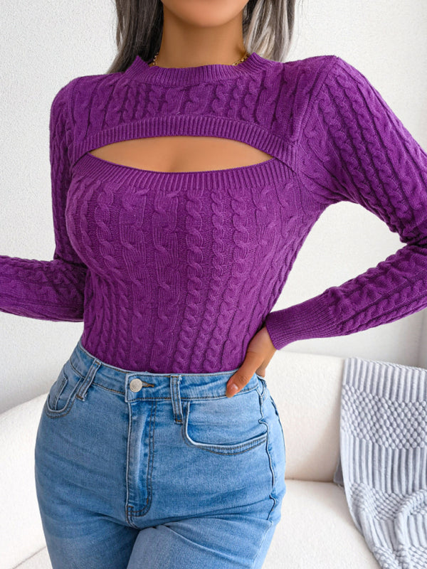 Women's Crew Neck Cutout Twist Long Sleeve Sweater-[Adult]-[Female]-2022 Online Blue Zone Planet